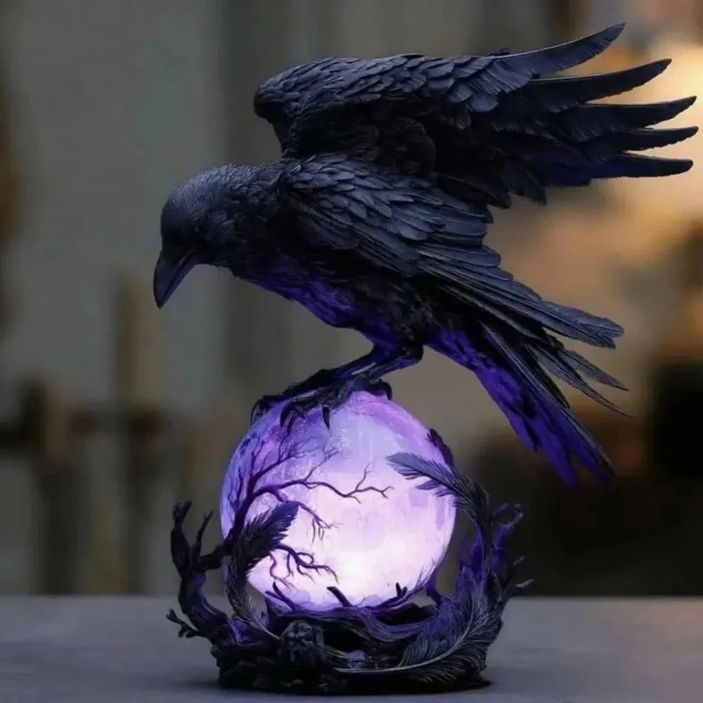 고딕 레이븐 LED 램프 조각상, 보라색 발광 구체,  - Resin Art Lamp 리뷰 및 가격